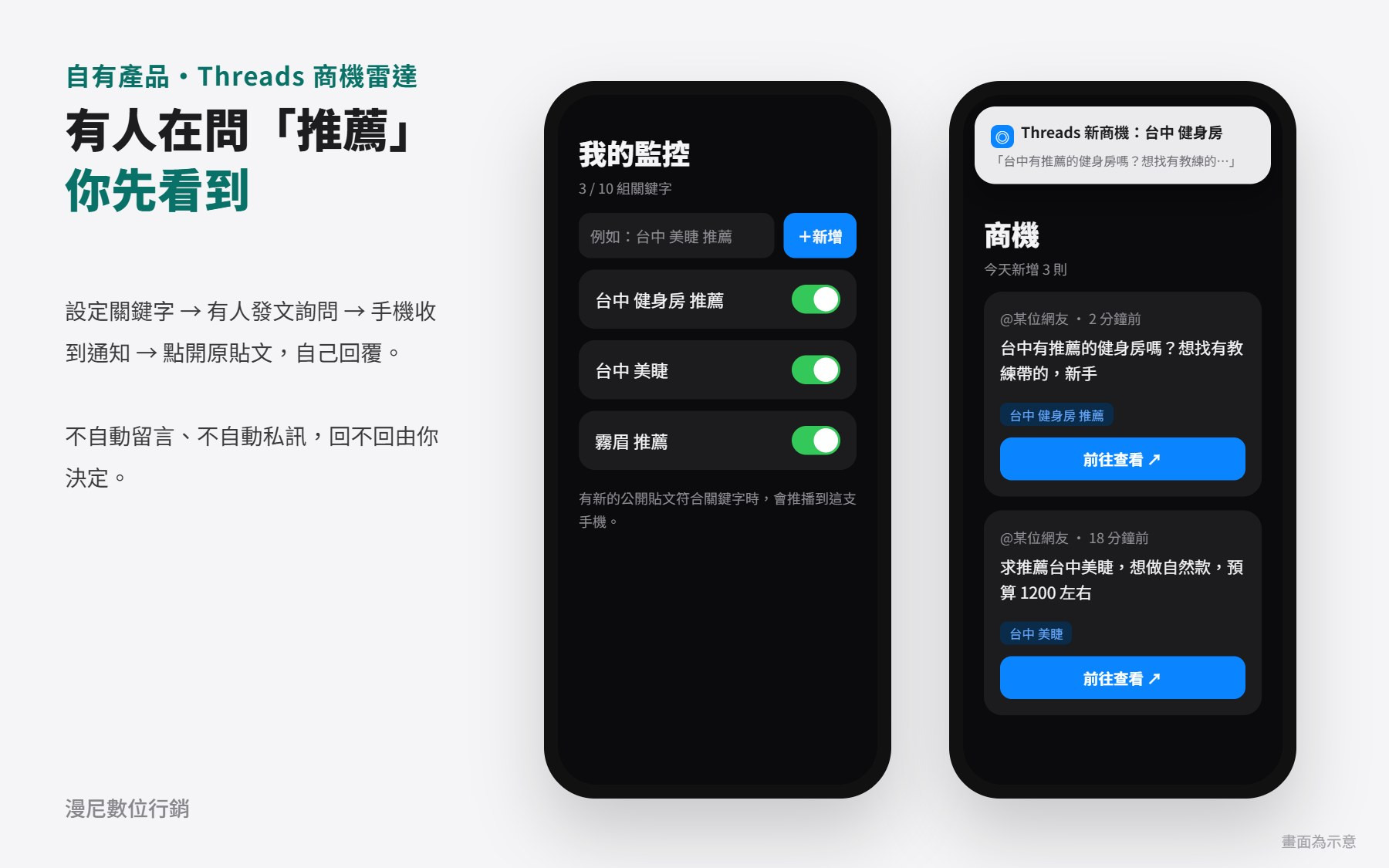 Threads 商機雷達畫面示意:設定關鍵字後,手機收到有人發文找推薦的通知